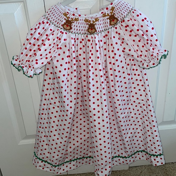 Southern smocked Christmas reindeer bishop dress - Picture 1 of 5